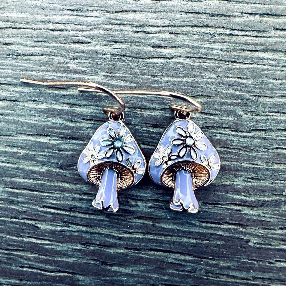 Purple Gold Enamel Mushroom Floral Drop Earrings